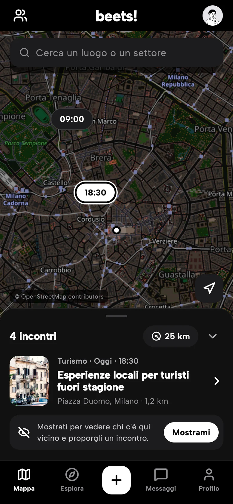 The beets! map with nearby meetups and the search radius